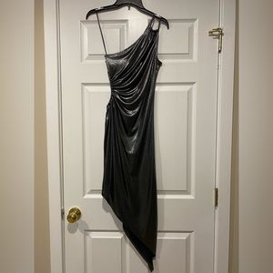Sexy and sleek silver Express body contour dress, with cut out side.
